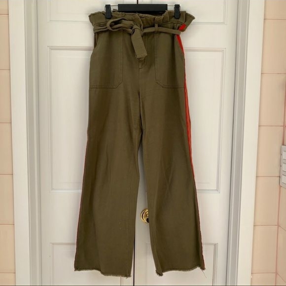 Zara Basic Olive Green Cargo Pants With Red Stripes Detail
